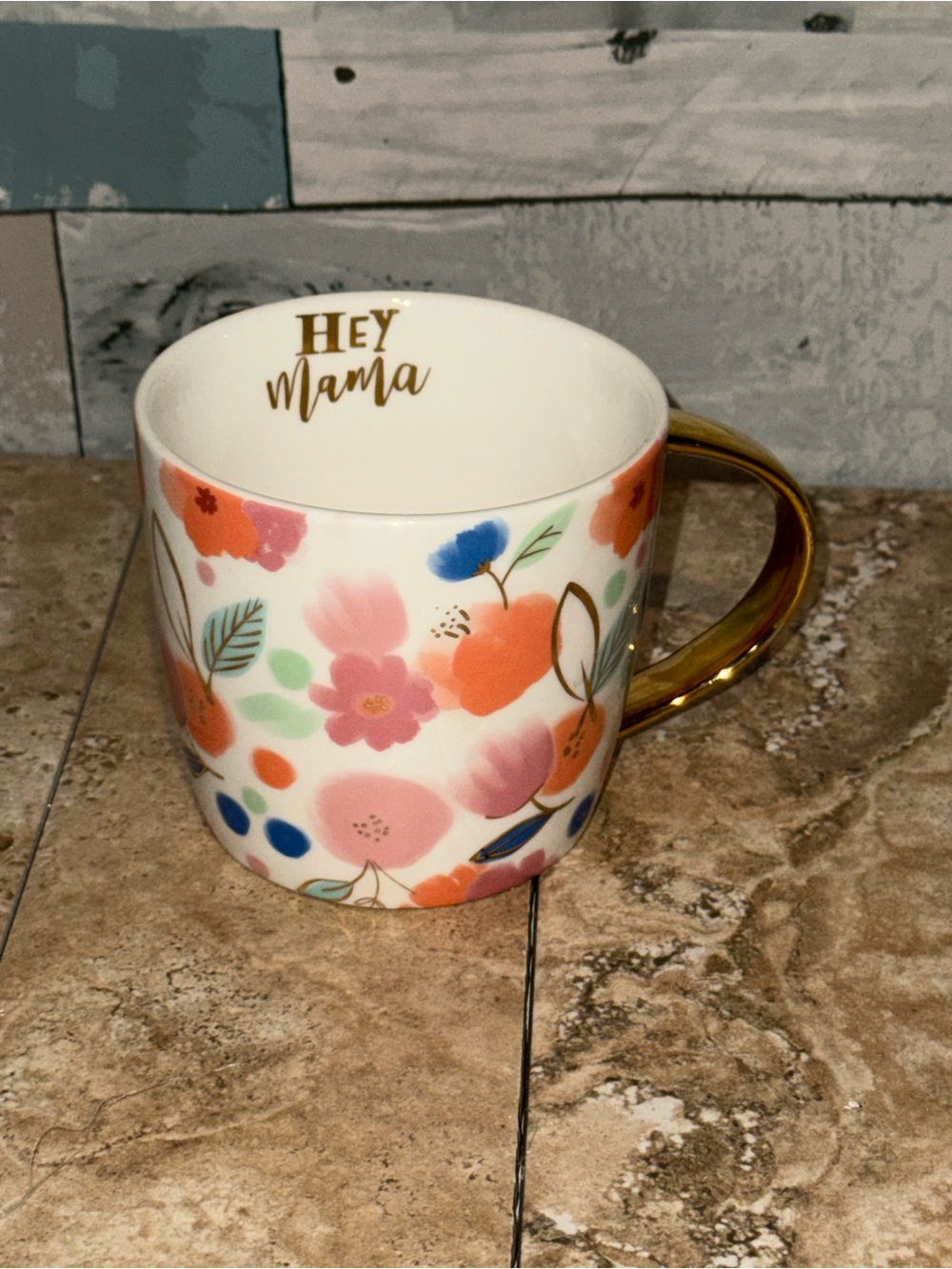 Slant Collections Hey Mama Floral Ceramic Coffee Mug Gold Handle 14 fl oz